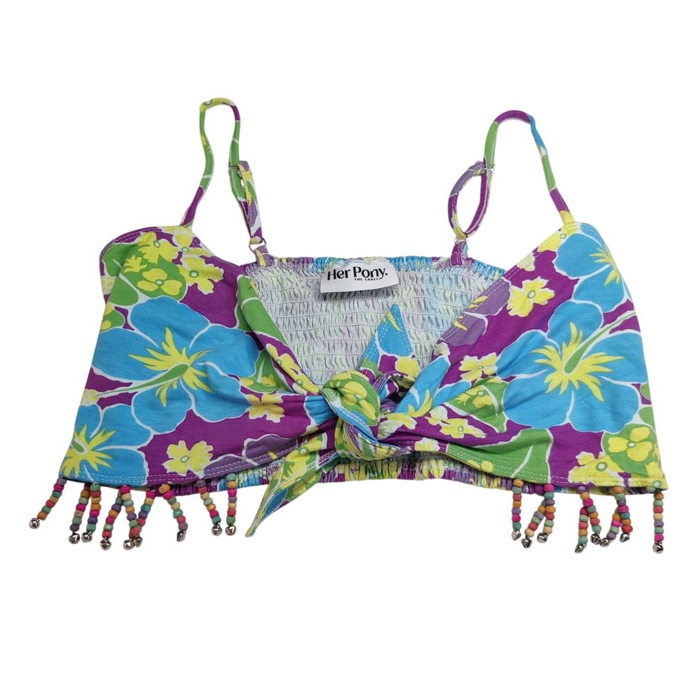 Her Pony the Label Beaded Fringe Boho Floral Tie Front Crop Top 6 Tropical